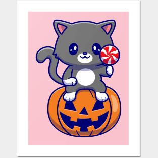 Cute Cat Sitting On Pumpkin Halloween Holding Candy  Cartoon Posters and Art